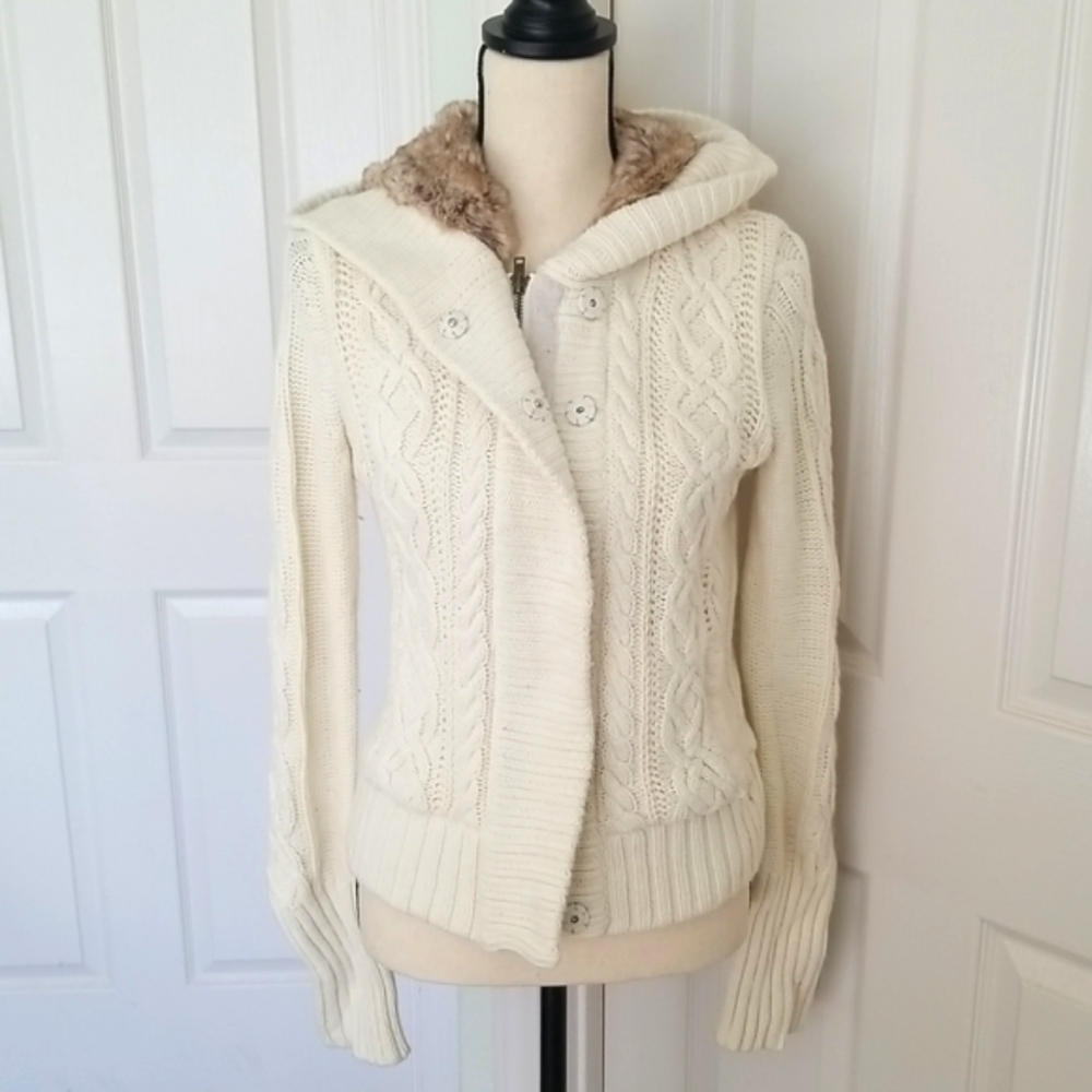 American Eagle Knit Sweater Jacket Faux Fur lined Hood